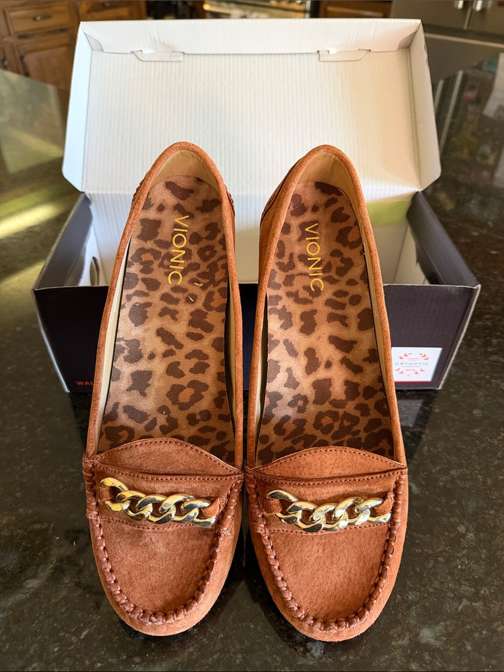 Vionic Tan Suede Loafers with Gold Chain Accent JS-136